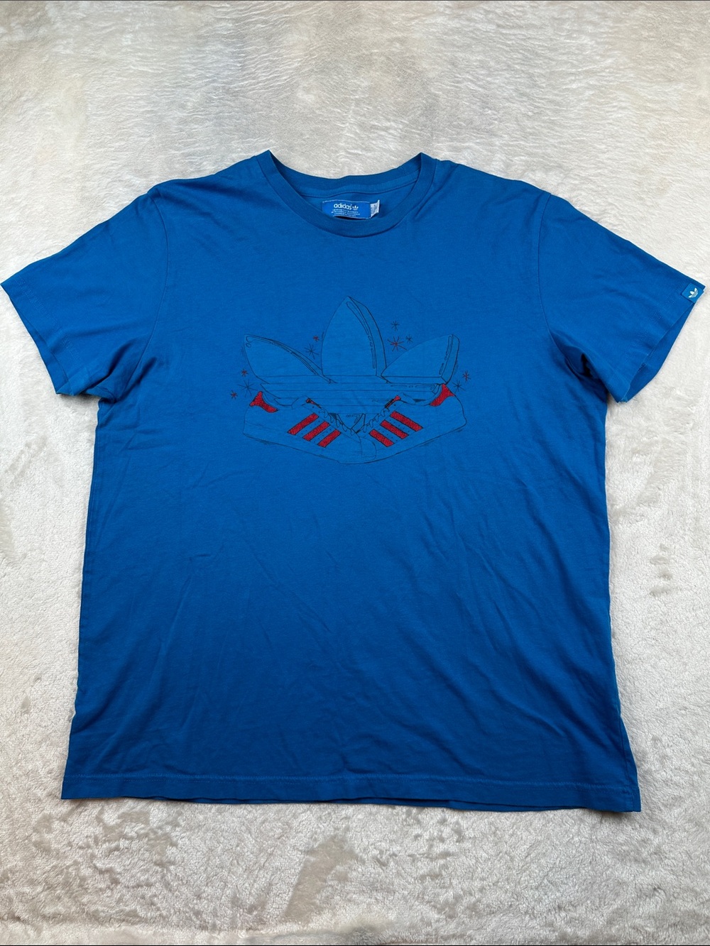 Adidas Men’s Size XL Bright Blue Trefoil Tee with Red Stripe Accents | Casual